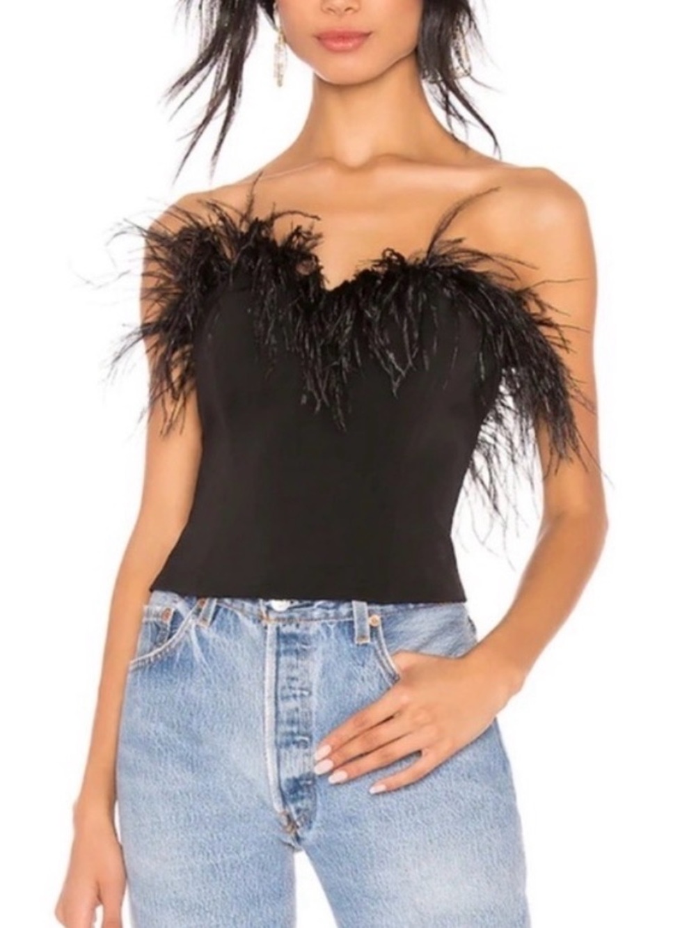 LPA Black Feather-Trim Strapless Camisole